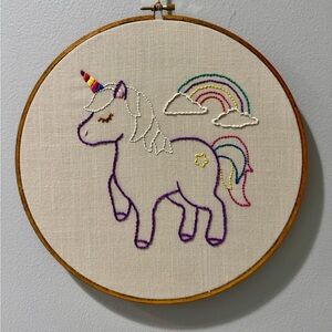 Hand Stitched Embroidered Purple Unicorn and Rainbow 10” Wall Decor Wooden Hoop